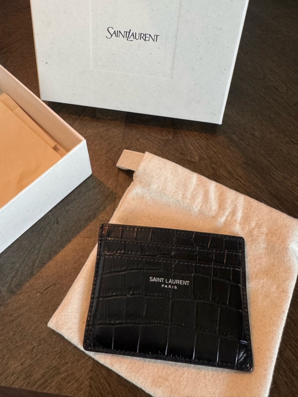 Saint Laurent Black Croc-Embossed Card Holder with Logo